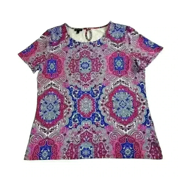 Talbots Womens Sz L Multi Colored Paisley Floral Back Key Hole Short Sleeve Top - Picture 2 of 8